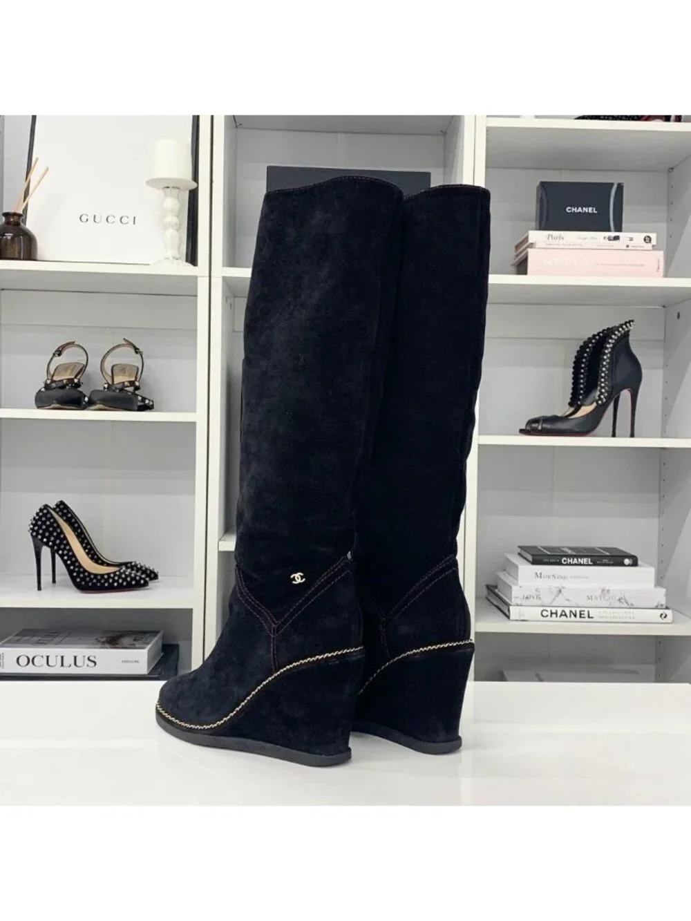 Chanel Suede CC Logo Chain Wedge Sole Long Boots Black